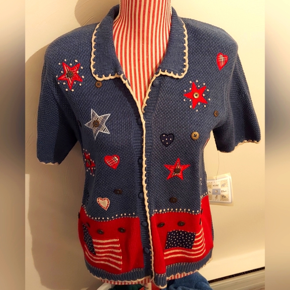 Vintage NWT Koret City Blues Petites USA / 4TH JULY S/S SWEATER SIZE Small